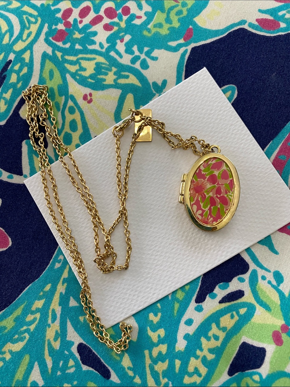 Lilly Pulitzer Gold Floral Enamel Oval Locket Necklace - Pink & Green